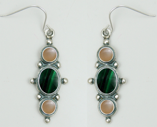 Sterling Silver Drop Dangle Earrings With Malachite And Peach Moonstone